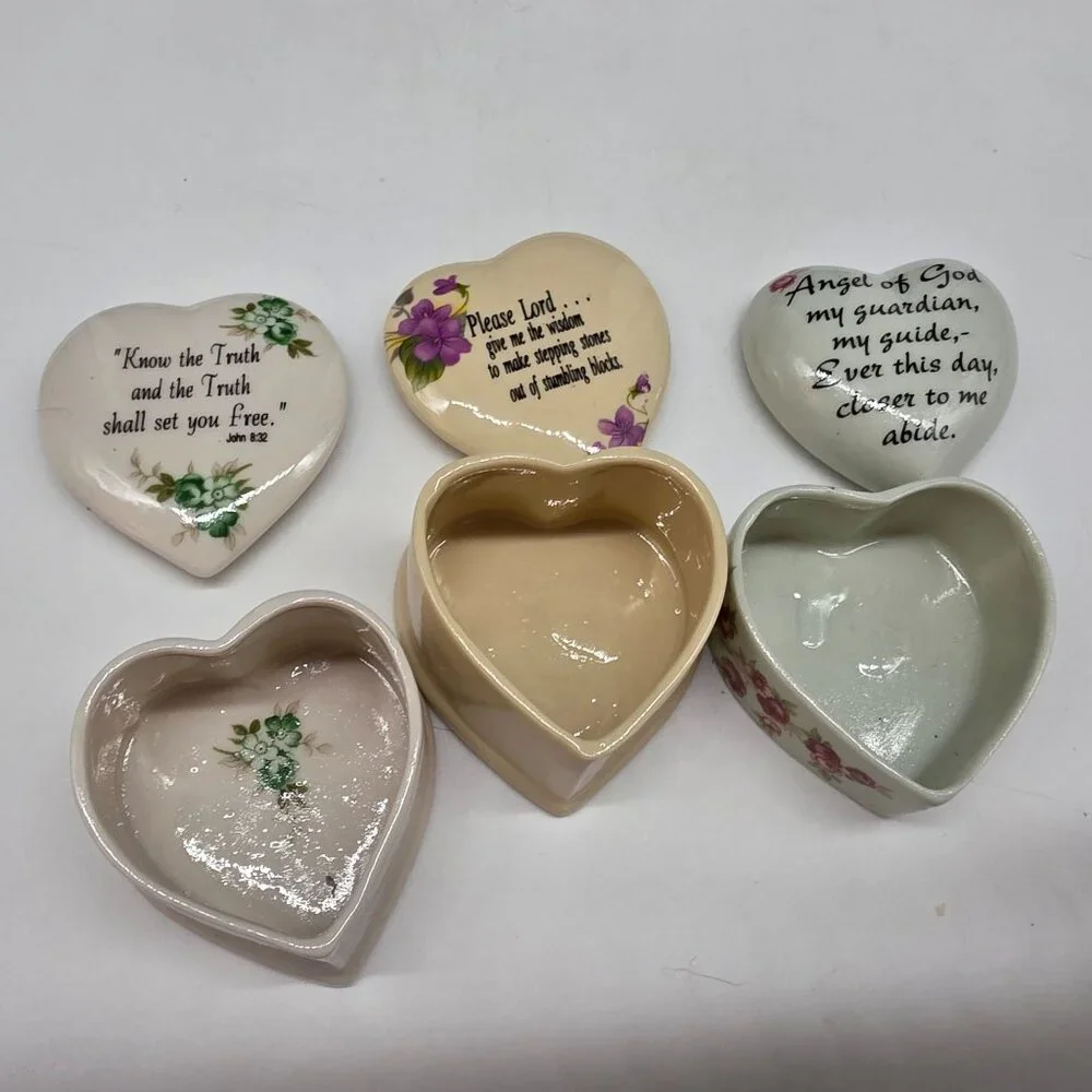 Heart Shaped Ceramic Keepsake Boxes With Inspirational Quotes & Floral Designs